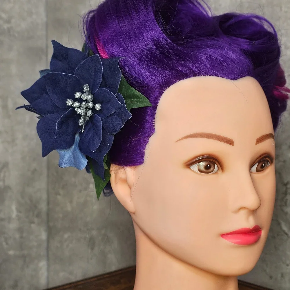 Handmade Navy Blue Poinsettia Hair Flower Clip Holiday Winter Glitter‎ Pinup